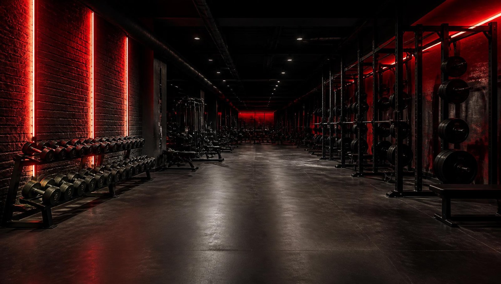 Ambiente escuro e moderno da academia Prime Fitness com iluminação vermelha
