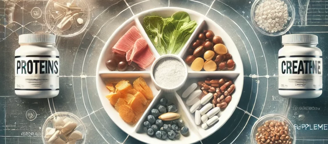 DALL·E 2024-11-02 10.41.19 - An informative visual on Nutrition and Supplementation Strategies, showing a balanced meal plate with sections for proteins, carbohydrates, and health