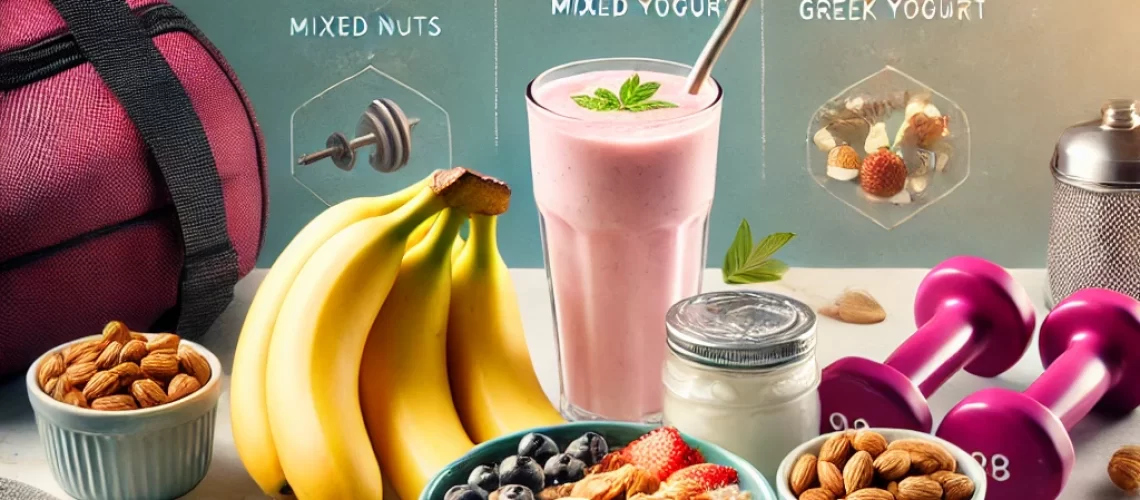 DALL·E 2024-12-09 14.38.26 - A visually appealing digital poster focusing on pre-workout nutrition. The image shows a vibrant, healthy meal setup with elements like oatmeal, banan